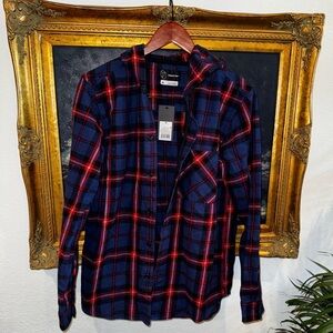 Original Use NEW Blue Red Plaid Flannel Hooded Button Down Long Sleeve Shirt M